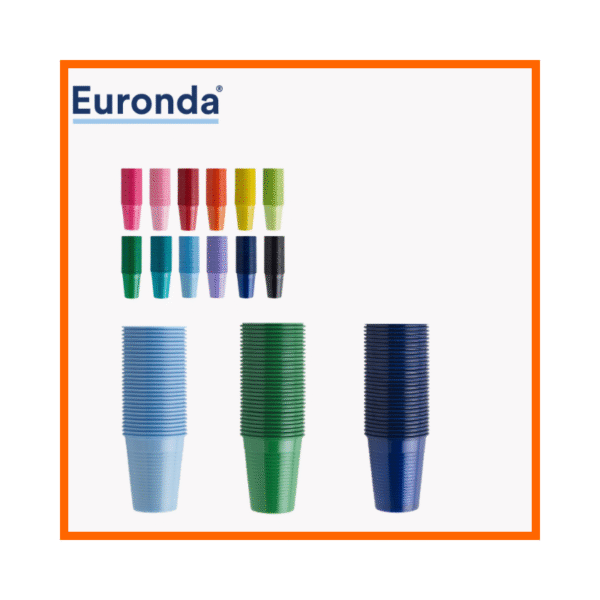 Monoart plastic cups 200cc by Euronda. Disposable dental cups with rounded edge. Available in Blue, Light Blue & Green. Pack of 1000.