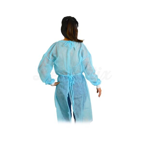 blue disposable gown with cotton cuffs