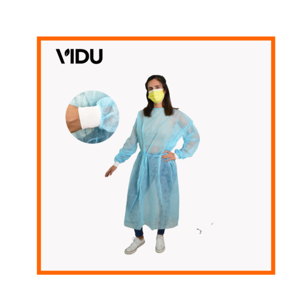 blue disposable gown with cotton cuffs